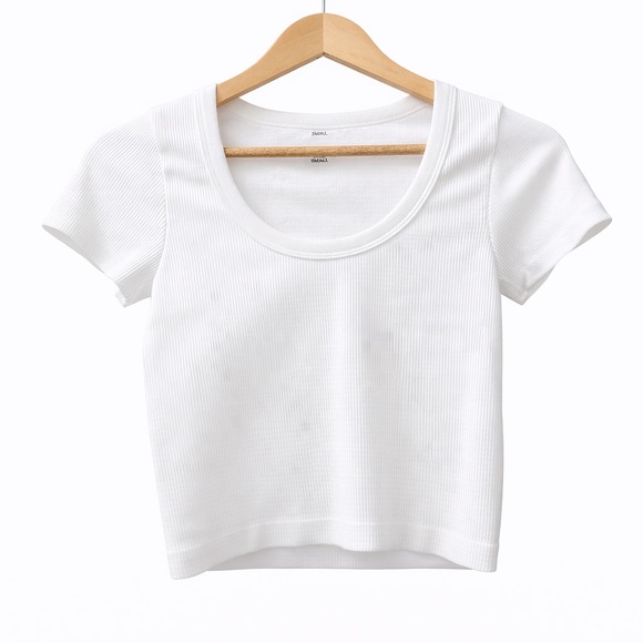 Justify Tops - Justify White Ribbed Crop Top Small | Fitted Short Sleeve Scoop Neck